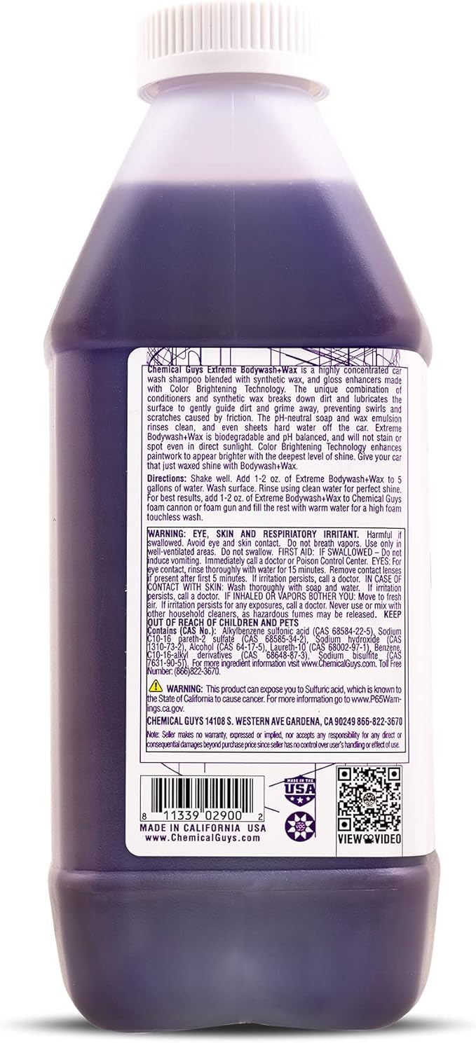 Chemical Guys Extreme Bodywash & Wax Foaming Car Wash Soap - Soap for Foam Cannons, Foam Guns, or Bucket Washes for Cars, Trucks, Motorcycles, RVs, and More, Grape Scent - 64 oz (Half Gallon)