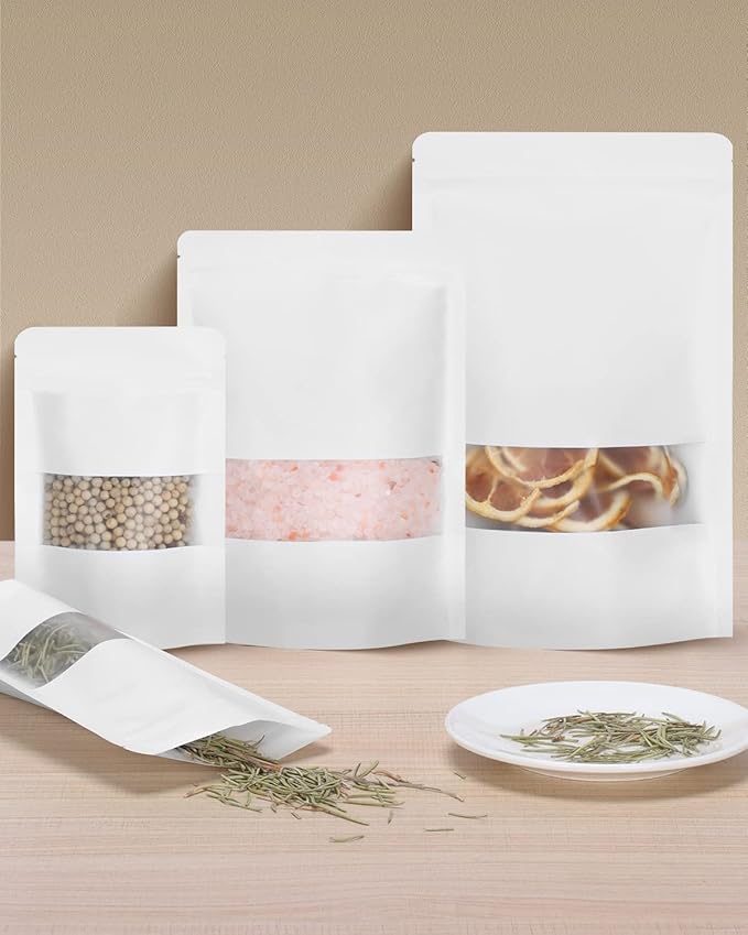 100pcs Kraft Bags with Window 4.7x7.8 Inches White Reusable Sealable Zip Lock Food Storage Stand up Paper Pouches for Home or Business