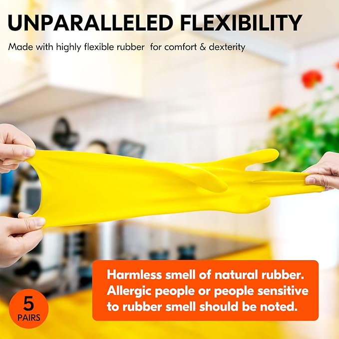 Vgo... 5-Pairs Reusable Household Gloves, Rubber Dishwashing gloves, Extra Thickness, Long Sleeves, Kitchen Cleaning, Working, Painting, Gardening, Pet Care (Size M, Yellow, HH4601)