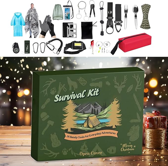 24-Day Survival Kit Advent Calendar - Christmas Countdown Calendar with Survival Tools, Outdoor Gear for Hiking Fishing Hunting Adventure, Practical Holiday Gift for Men Husband Dad Friends
