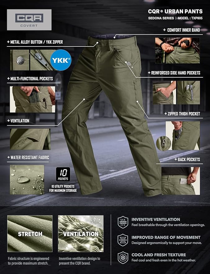 CQR Men's Vent Stretch Pants, Quick Dry Lightweight Casual Cargo Pants, Water Resistant Straight-Fit Utility Work Pants