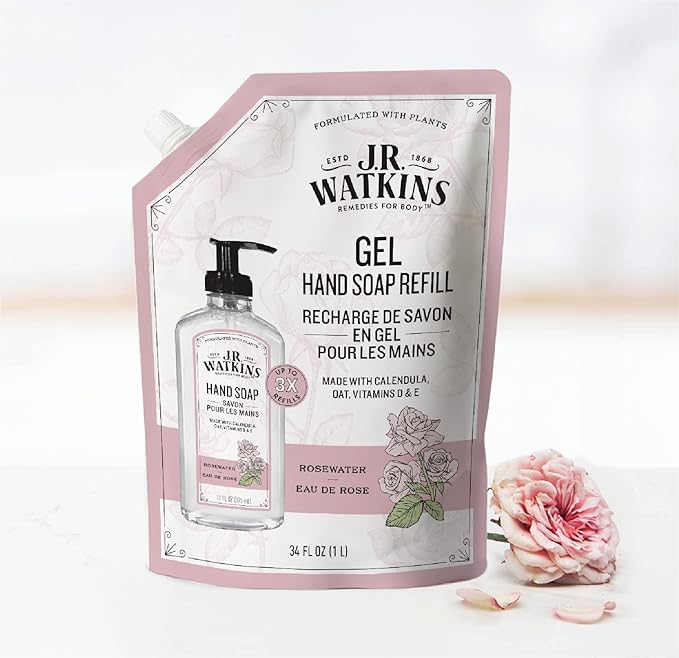 J.R. Watkins Gel Hand Soap Refill, Moisturizing Hand Wash, Alcohol-Free, Cruelty-Free, Rosewater, 34 Fl Oz, 3 Pack