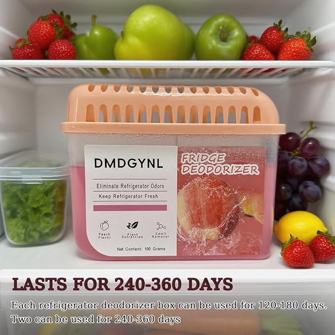 Fridge Freshener Deodorizer, Refrigerator Odor Absorber Lasts for 240-360 Days, Refrigerator Deodorizer More Effective Than Baking Soda, (2 Pcs/Peach Flavor)