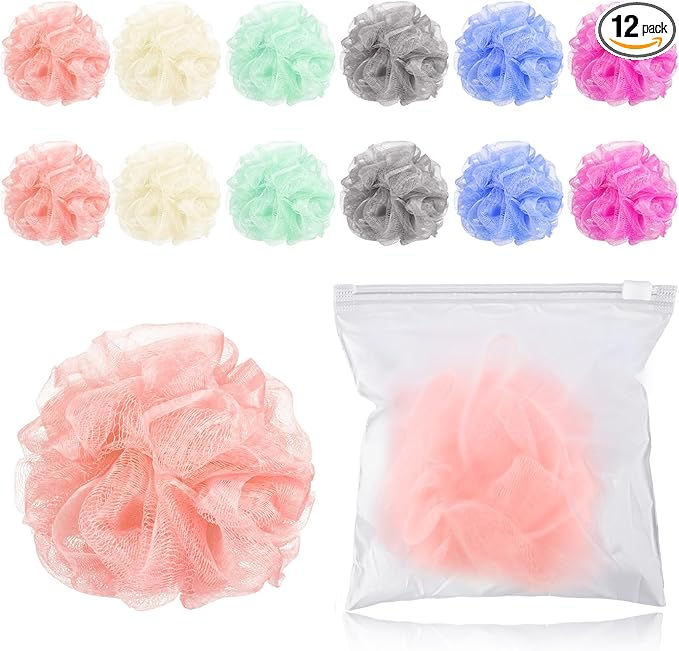 12 Pcs Travel Size Loofah Individually Wrapped, Small Shower Puff Bath Sponge Pouf Ball Bulk Mesh Bath Puff Mini Loofah Sponge with Case Bulk for Shower Care (25g,Colorful)