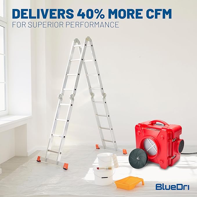 BlueDri Air Shield 550 HEPA Air Scrubber, Water Damage Restoration Equipment Air Purifier, Covers 1400 Sq. Ft, Daisy Chain Capable, For Commercial Use, Red, BD-AS-550