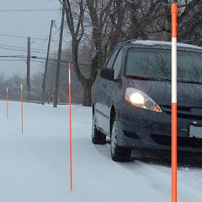 50Pcs Driveway Markers,4Ft Driveway Reflective Poles, Orange Fiberglass Snow Stakes with Reflective Tape for Easy Visibility at Night for Parking Lots