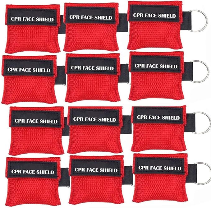 Pack of 12pcs CPR Mask Keychain Ring Emergency Kit CPR Face Shields for First Aid or CPR Training (Red-12)