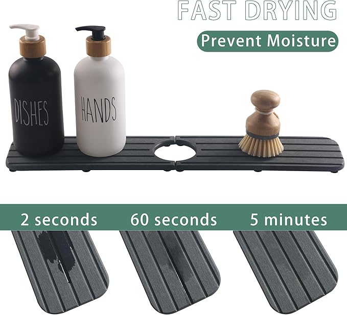 ZumenDa 20inch x 4inch Kitchen Sink Faucet Mat, Water Absorbing Stone Faucet Splash Guard for Bathroom Counter, Quick Drying Diatomite Tray for Kitchen Sink, Dark Gray