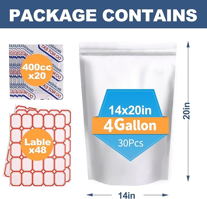 30PCS 4Gallon 14"X20" Mylar Bags for Food Storage with Oxygen Absorbers&Lables,10 Mil Thick Resealable Stand-Up Zipper&Heat Sealable Bags for Long Term Food Storage,Dried Food