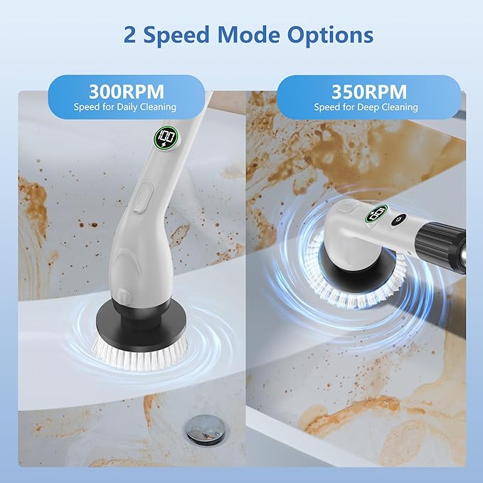 Electric Spin Scrubber, Cleaning Brush with 8 Brush Heads, IPX7 Waterproof LED Display, Adjustable Extension Handle Shower Scrubber for Bathroom Floor Tub Tile (Black)