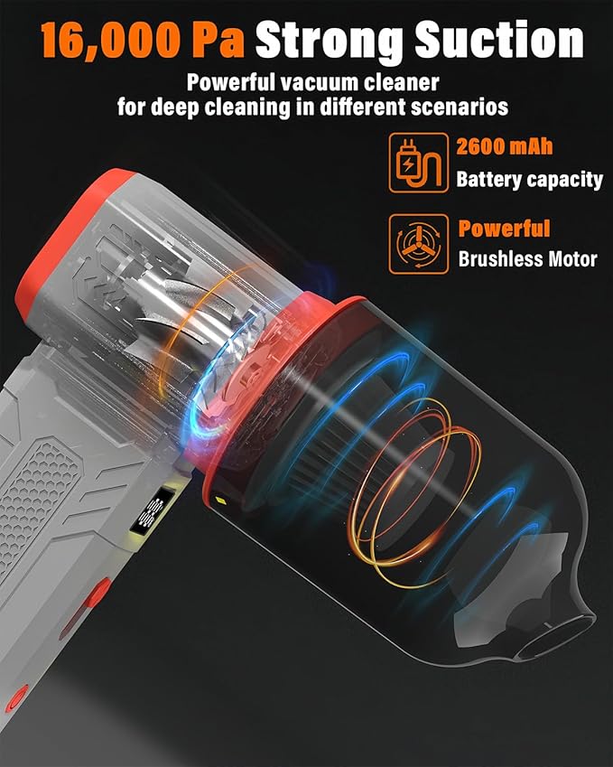 Compressed Air Duster, 130K RPM Powerful Cordless Mini Blower with Display, 10-Gear Adjustable Car Vacuum with Fast Charging, Rechargeable Handheld Vacuum for Home, Outdoor and Car (Gray, 2-in-1)