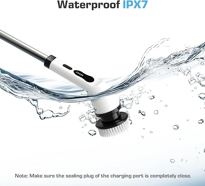 Kingwell Electric Spin Scrubber, Cordless Electric Scrubber for Cleaning with 9 Brush Heads, 2 Speeds,3 Adjustable Handle, 90Mins Work Time, Shower Scrubber for Bathroom, Tub, Floor,White