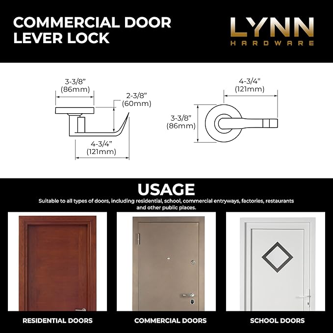 LYNN HARDWARE Commercial Door Lever Lock - Heavy-Duty Locking Door Handle, Designer Door Handles, Cylindrical Lever Lock, Non-Handed Grade 2 Door Handle, Satin Chrome, Entrance Keylock w/Clutch
