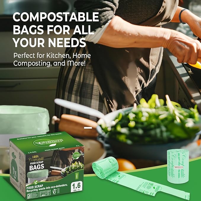 1.6 Gallon Handle Tie Compostable Food Scrap Bags For Counter Top Compost Bin, Small Compost Bags, 80 Count, 6 Liter, BPI & OK compost INDUSTRIAL Certified