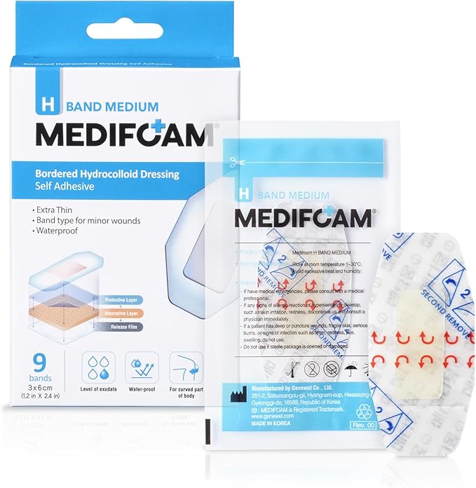 H Band Medium - Bordered Hydrocolloid Dressing, Self Adhesive Wound Dressing, Water Proof, Extra Thin, Band Type for Minor Wounds, 1.2in x 2.4in (9 Bands)
