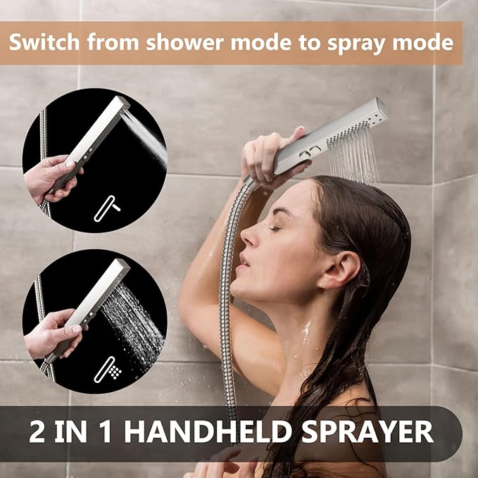 Shower Faucet Set Rainfall Shower System with Square Showerhead and Handle Set Fixture with 2 in 1 Function Handheld Sprayer Wall Mounted Trim Repair Kit Rough-in Valve 16 Inch Brushed Nickel