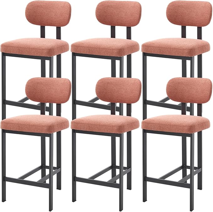 Modern Counter Stools Set of 6, 26" Upholstered Barstools with Back, Sturdy Black Metal Legs Dining Stools with Footrest for Home Pub Kitchen, Orange