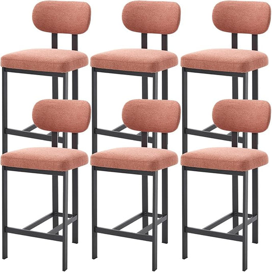 Modern Counter Stools Set of 6, 26" Upholstered Barstools with Back, Sturdy Black Metal Legs Dining Stools with Footrest for Home Pub Kitchen, Orange