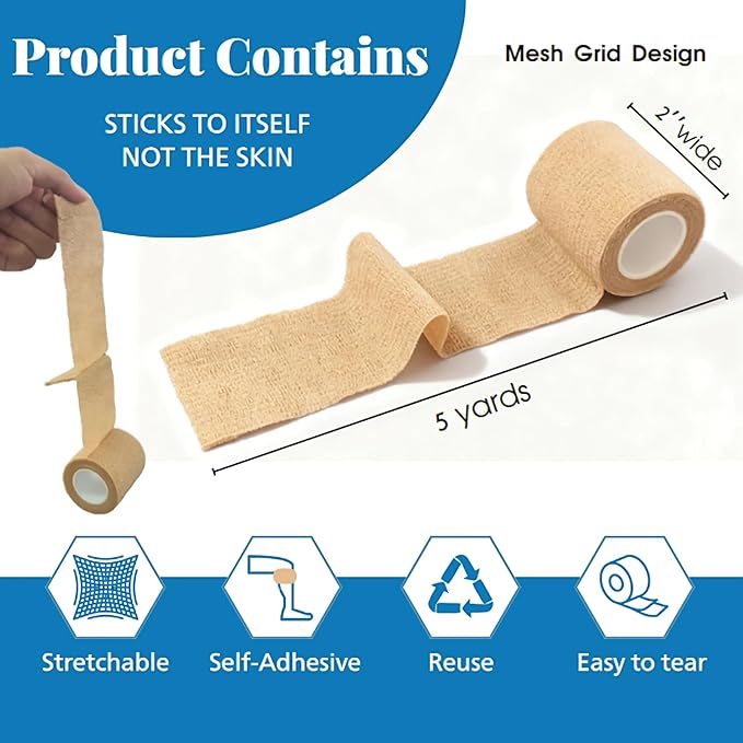 Self Adhesive Bandage Wrap, 2''x5 Yards, 6 Pack, Cohesive Sports Tape, Breathable Elastic Bandage Wraps
