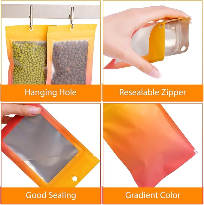 Funfery 100 Pieces Resealable Smell Proof Bags for Food Storage,Clear Cute Mylar Bags for Small Business Foil Zipper Packaging Bag for Sample Jewelry Eyelash Gloss(Yellow Orange,2.7×3.9in)