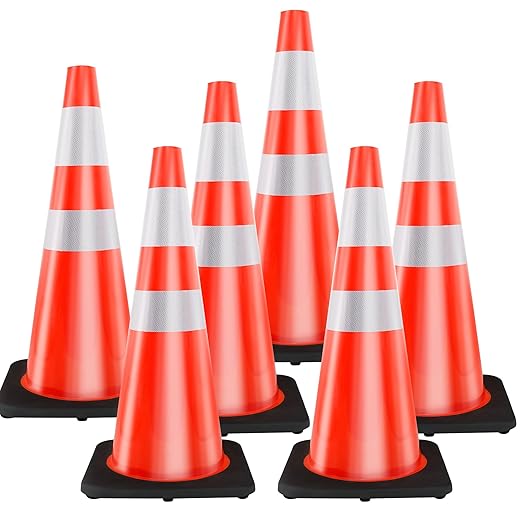 RELIANCER 6PCS 36" Traffic Cones PVC Safety Road Parking Cones with Black Weighted Base w/6"&4" Reflective Collars Fluorescent Orange Hazard Cones Construction Cones for Traffic or Home Improvement