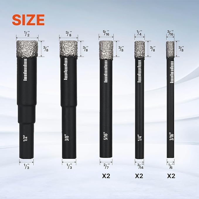 BLACK CANYON 8 Pcs Diamond Core Bit Set, 3/16", 1/4", 5/16", 3/8", 1/2" Tile Drill bits with Integrated Coolant for Fast Dry Drilling, for Ceramic Tile, Marble, Granite, Quartz & Glass
