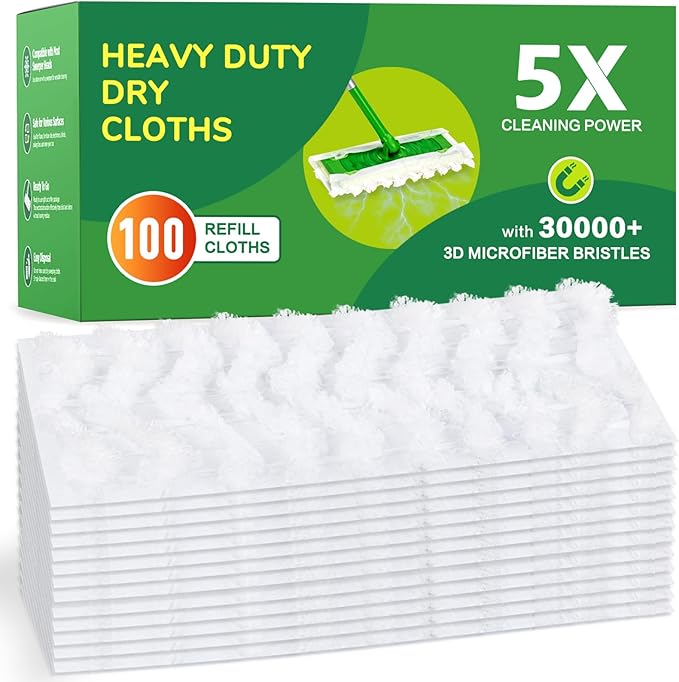 100ct Dry Sweeping Cloths for Swiffer Sweeper Mop, Heavy Duty Microfiber Duster Mop Pad Refills, Captures Dust & Pet Hair, for Hardwood Floors and Multi-Surface Cleaning