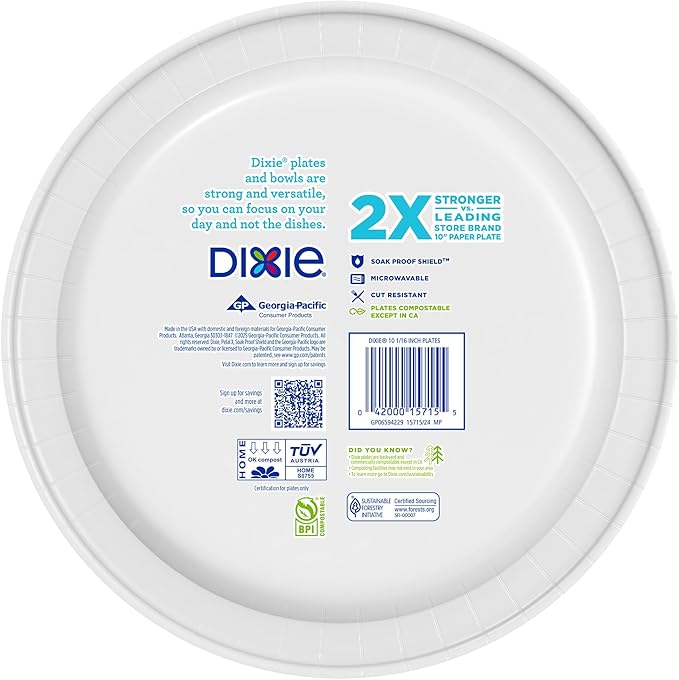 Dixie Large Paper Plates, 10 Inch, 54 Count, 2X Stronger, Microwave-Safe, Soak-Proof, Cut Resistant, Disposable Plates For Everyday Breakfast, Lunch, & Dinner Meals