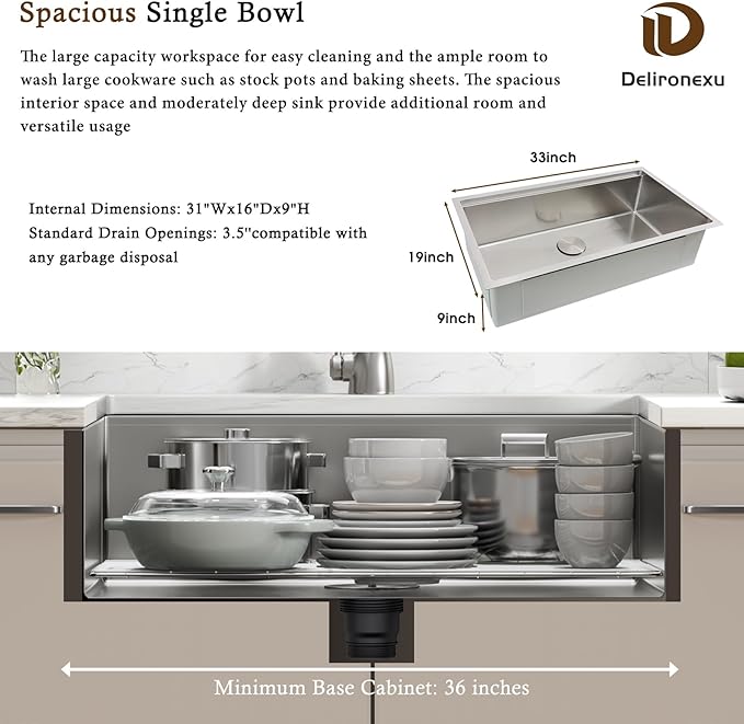 33 Inch Undermount Kitchen Sink Workstation – Delironexu 16 Gauge Undermount Stainless Steel Sink, 33x19 Kitchen sink Single Bowl with 6 Accessories, Multi-Functional Workstation Sinks