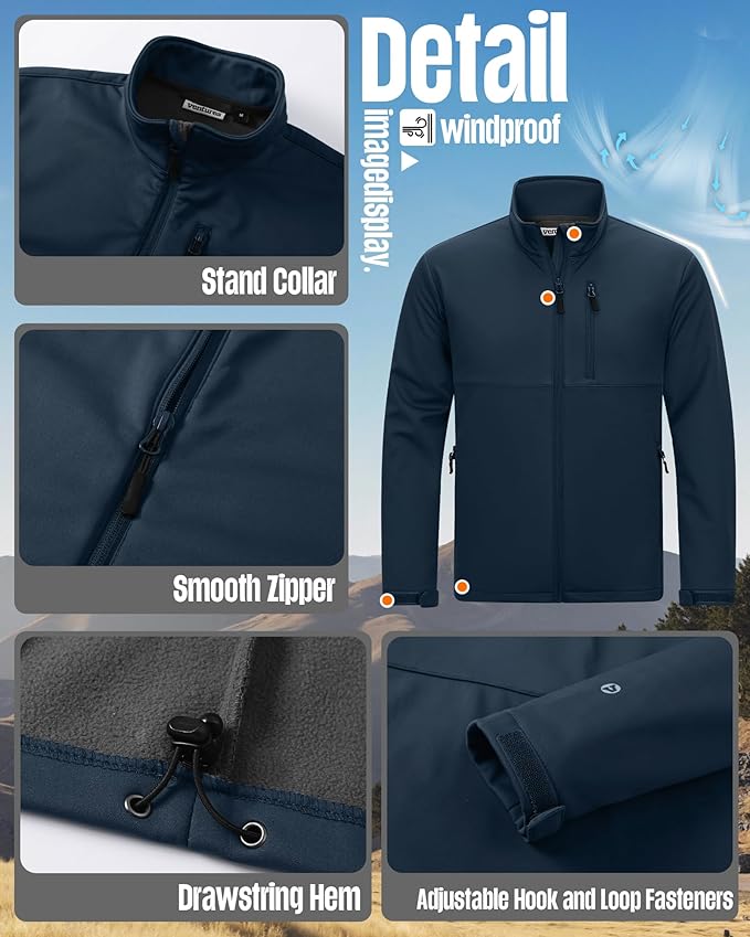 Outdoor Ventures Men's Softshell Jacket Waterproof Fleece Lined Rain Shell Jacket Lightweight Windbreaker for Hiking Travel