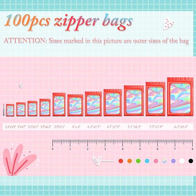 Funfery 100 pcs Red Mylar Holographic Bags, Clear Window Zipper Bag Resealable Smell Proof Bag Foil Pouch Bag for Food Storage and Lipgloss,Jewelry,Eyelash Packaging for Small Business(4x6In)