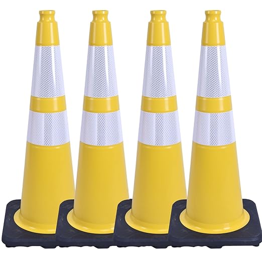 BESEA 4PACK 28 inch Traffic Safety Cones Yellow Road Parking Cones 28" Heavy Duty Construction Cone Structurally Stable for Traffic Control at Public Place(4PCS)