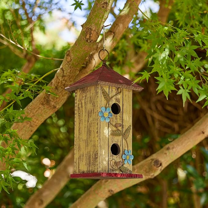 Glitzhome Bird houses for Outside,11.75"H Hand Painted Distressed Wooden Decorative Hanging Bird House for Outdoor Garden Birdhouse with 3D Metal Flower for Swallow Sparrow Hummingbird Finch Cardinals