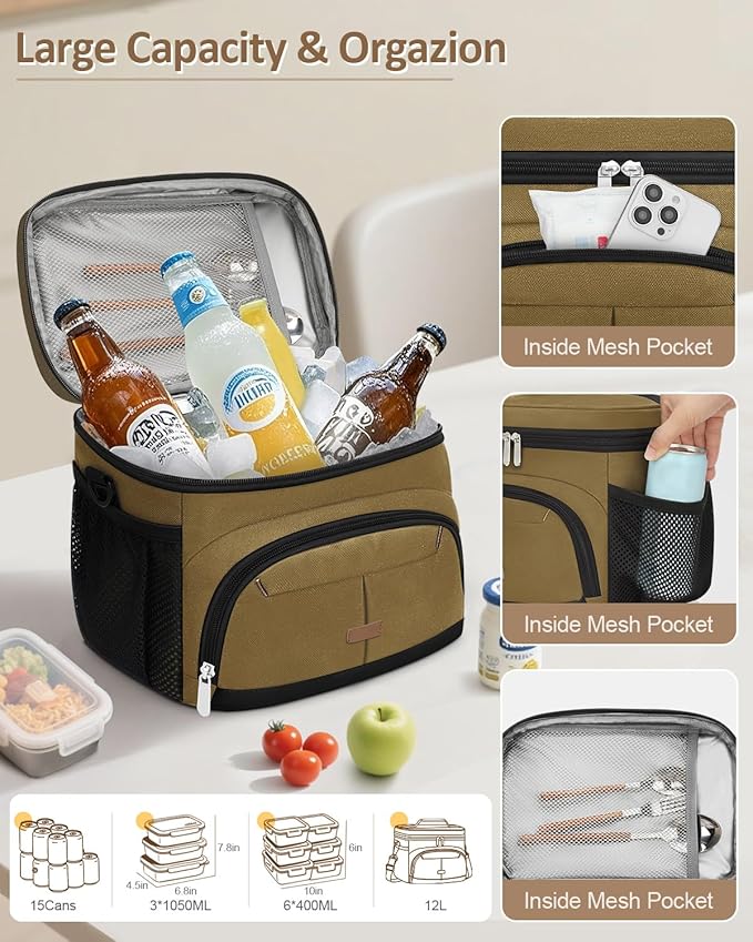 Lunch Box for Man Women, Insulated Lunch Bag Cooler Bag Leakproof Lunchbox Lunch Tote Bags with Removable Strap for Work School Picnic Travel (Khaki/12L