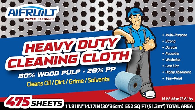 Industrial Strength Power Clean Heavy Duty Wipes - Absorbent, Durable, and Reusable Cloths for Tough Dirt, Oil, and Grime in Manufacturing and Workshops - 475 Sheets, Blue Shop Towels-Jumbo Roll