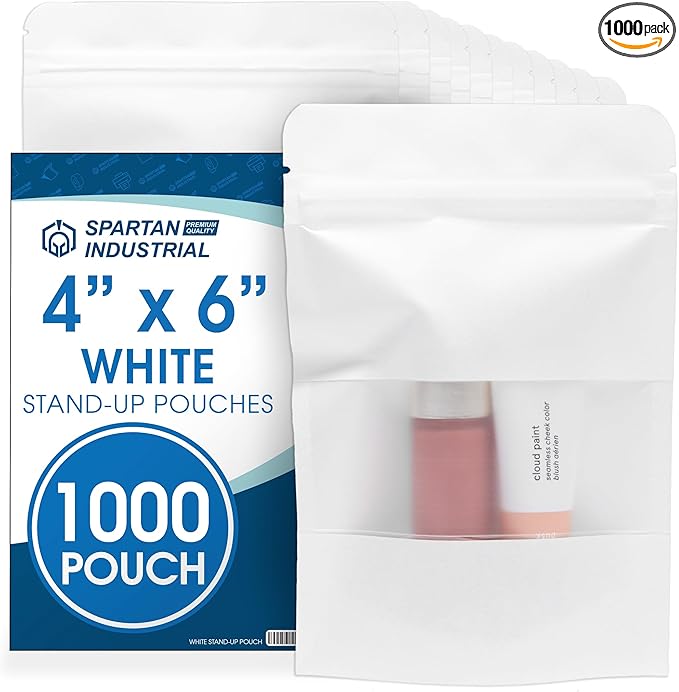 Spartan Industrial - 4" X 6" White Resealable Stand-Up Pouches - Pack of 1000 Small Smell-Proof Food Pouch Bags for Packaging, Pet Treats, Cosmetics, and More