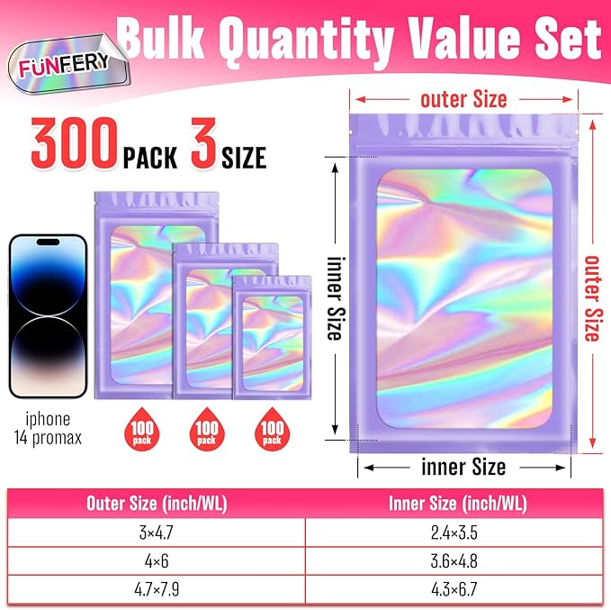Funfery 300 Pack 3 Size Mylar Holographic Bags with Clear Window,Resealable Bag Smell Proof Foil Baggies Packaging Pouch for Food Storage,Sample,Small Business(Purple,3x4.7,4x6,4.7x7.9in)