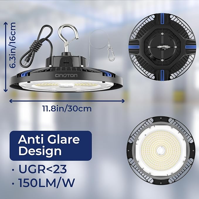 CINOTON 210W Switchable UFO LED High Bay Light, Aluminum LED Shop Lights with 31500LM, 5000K Commercial Bay Lighting for Warehouse Garage Workshop, 6' Cable & Safety Rope, ETL Listed 4 Pack