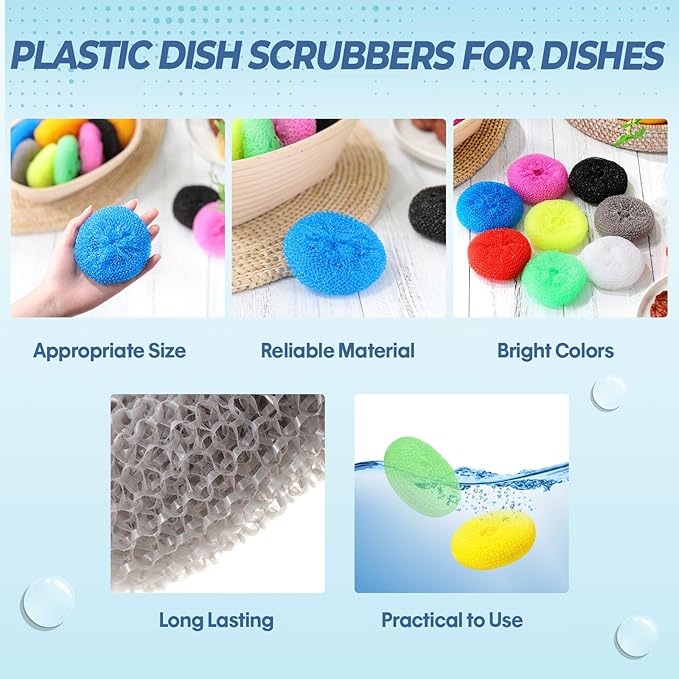 Honeydak 200 Pcs 3.15 Inch Plastic Dish Scrubbers for Dishes Pot Round Scrubber Scouring Pad Non-Scratch Polypropylene Cleaning Balls for Dishes, Pots, Aquarium Crafts, 9 Assorted Colors