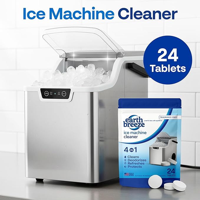 Earth Breeze Ice Machine Cleaner Tablets - 4-in-1 Cleans, Deodorizes, Refreshes & Protects – Fragrance Free, No Harsh Chemicals – Ice Maker Cleaner for Countertop & Commercial Machines - Made in USA