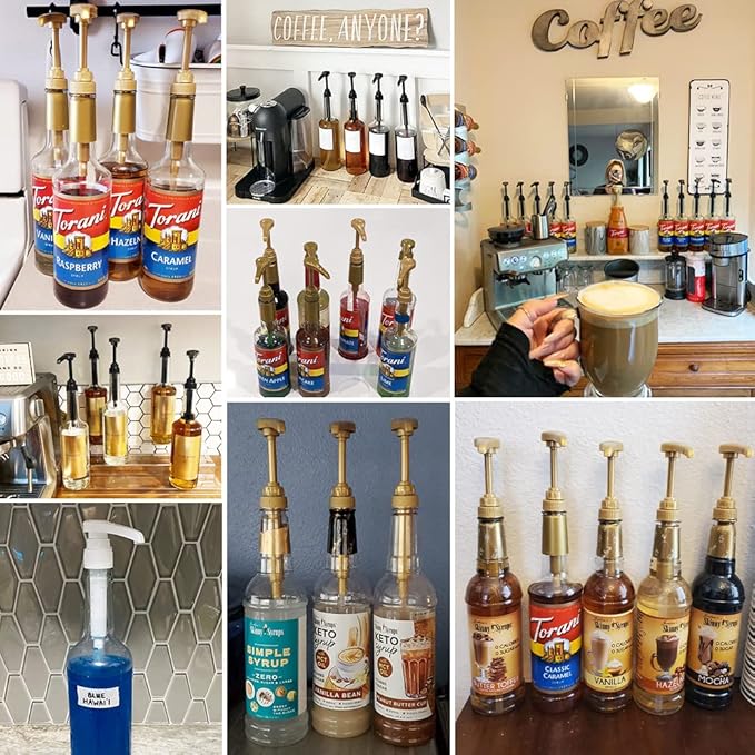 12 Packs Coffee Syrup Pump Dispenser, Fits 25.4 Oz/750ml Coffee Flavoring Syrup Bottles, No Dripping, Great for Home & Coffee Bar Drinking Mixes, Tea, Plus Spoons (Gold,5.23")