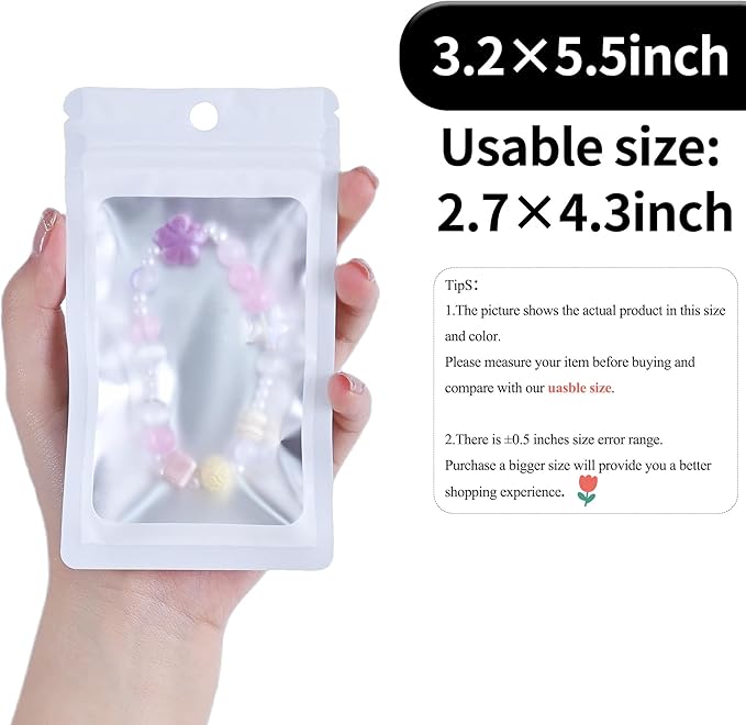 100 Pack Resealable Plastic Bags for Food Storage, Zipper Bags with Clear Front Window, Packaging Pouch for Small Business (White, 3.2x5.5 inch)