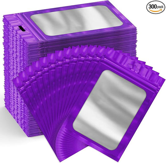 Funfery 300 Pack Smell Proof Resealable Bags for Food Storage,Mylar Clear Bags 4x6 Purple Packaging Bag- Edibles,Odorless Scent Proof Bag for Cookies, Zip Foil Pouch for Small Business