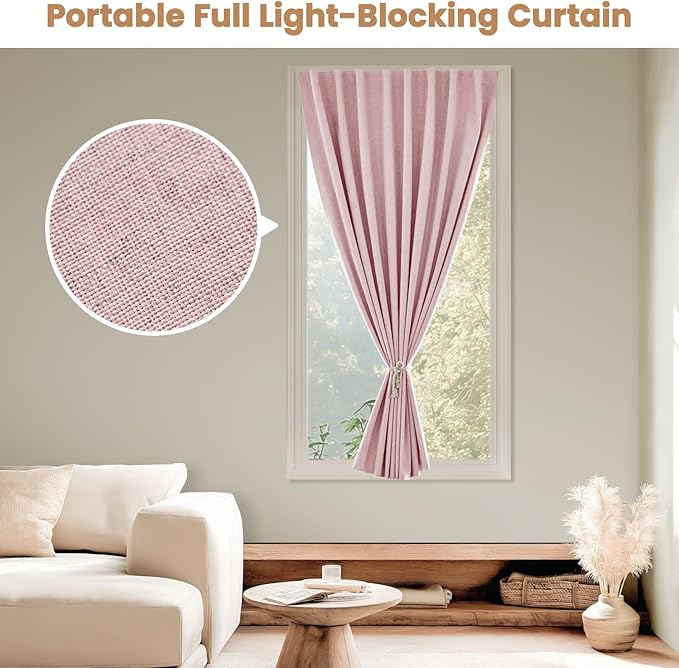 JILROIN Self Adhesive Curtains,100% Blackout Window Cover,No Drilling,Easy to Install,Provides Privacy Protection for Bedrooms (Light Pink - W35 × L72 in)