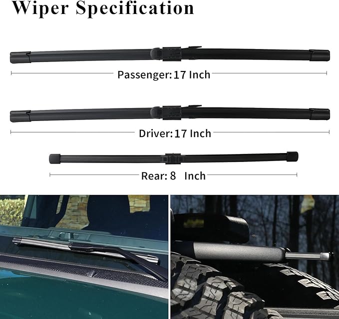 Windshield Wiper Blades for Ford Bronco 2021 2022 2023 2024 2025-17" + 17" + 8" Rear - Complete Set of 3 Front and Back Replacement Wipers - All Weather Performance