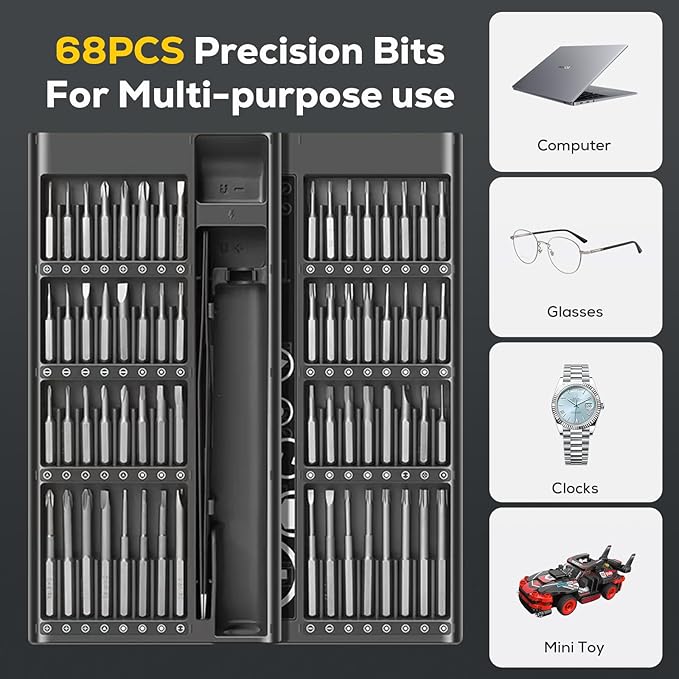 Electric Screwdriver, Power Screwdriver Set 68 in 1 Mini Cordless Rechargeable, 5 Torque Settings 3 LED Lights Precision Screwdriver for PC Accessories Phone Camera Laptop Gifts for Men