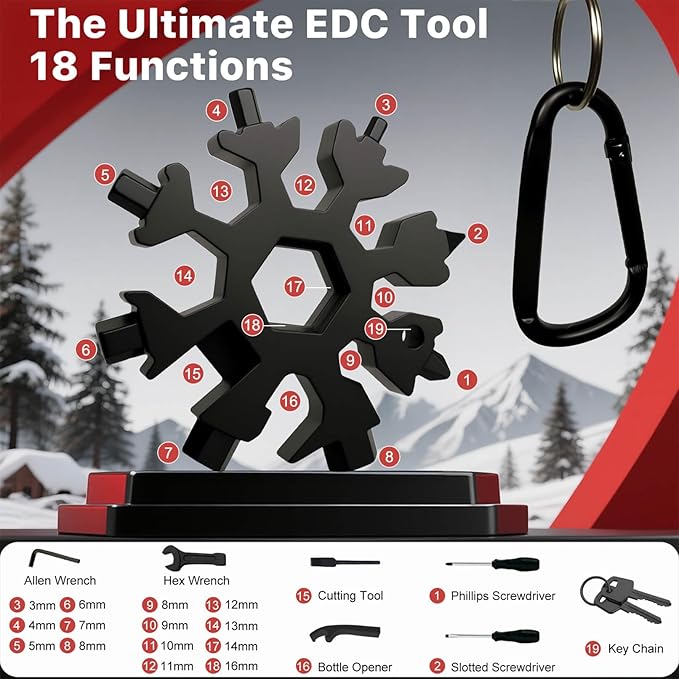 Stocking Stuffers for Men 2025 - Snowflake Multi Tool 2 Pack,18 in 1 Stainless Steel Multitool with Carabiner,White Elephant Gifts for Adults,Christmas Gift for Him,Dad,Husband,Brother(Silver+Black)