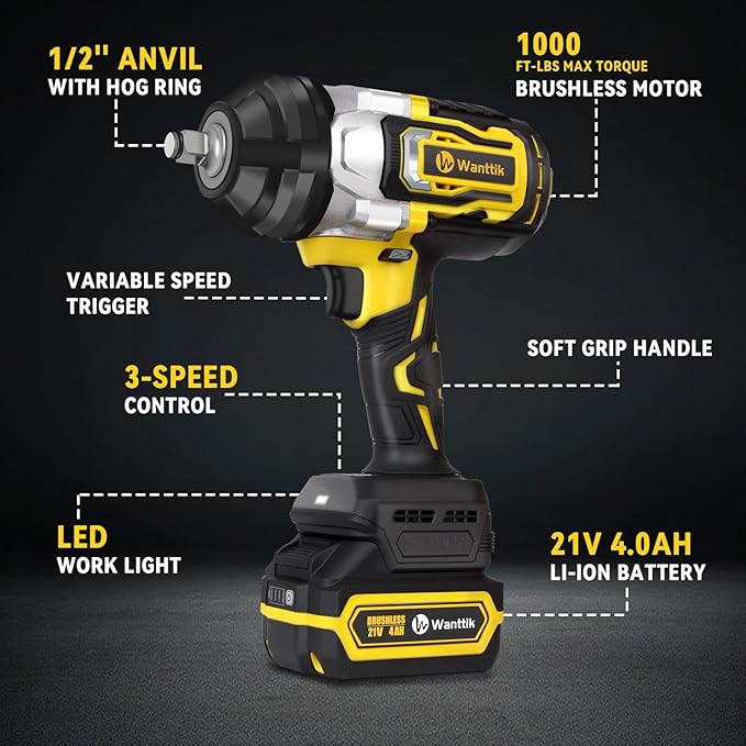 Cordless Impact Wrench 1/2 Inch, 1000 Ft-lbs High Torque, 21V Brushless Impact Gun w/ 4.0 Ah Battery, Fast Charger, 5 Sockets and Tool Bag