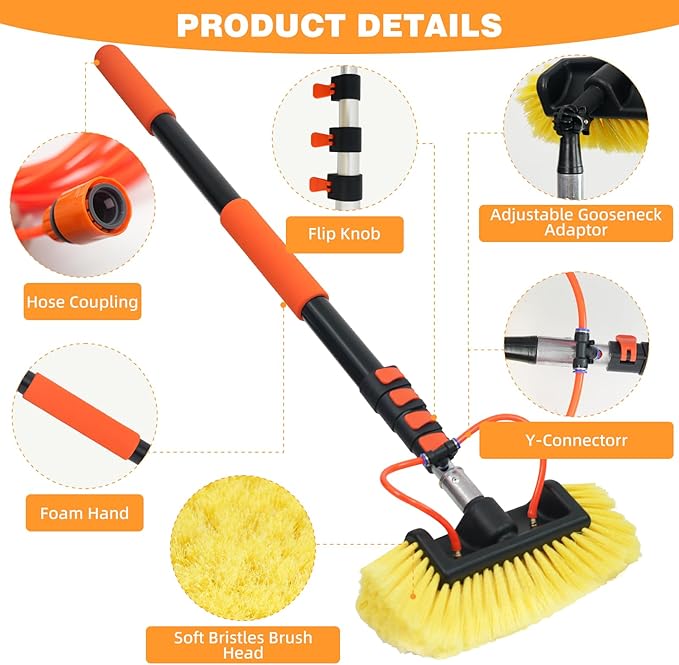 20FT Car Wash Brush with Long Handle Water Fed Telescopic Pole Car Cleaning Tool with 12" Soft Bristle and Hard Bristle Wash Equipment Kit for Car Truck House Floor Glass Roof Solar Panels
