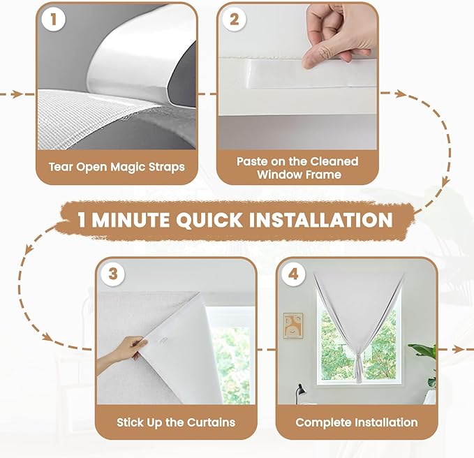 100% Blackout French Door Curtain,Adhesive, No Drilling Required,Small Curtains Designed for Installation On Doors (Grayish White - W25 × L72 in)